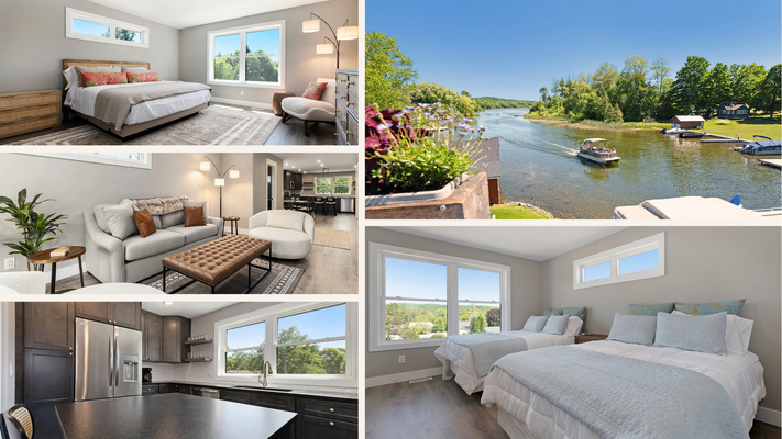 Collage of interior photos from The Birches guest retreat offered with All-On-X dental packages in Lake Leelanau